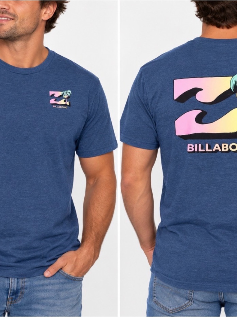Billabong Men's Navy Tee with Pink & Teal Surf Logo SZ LG